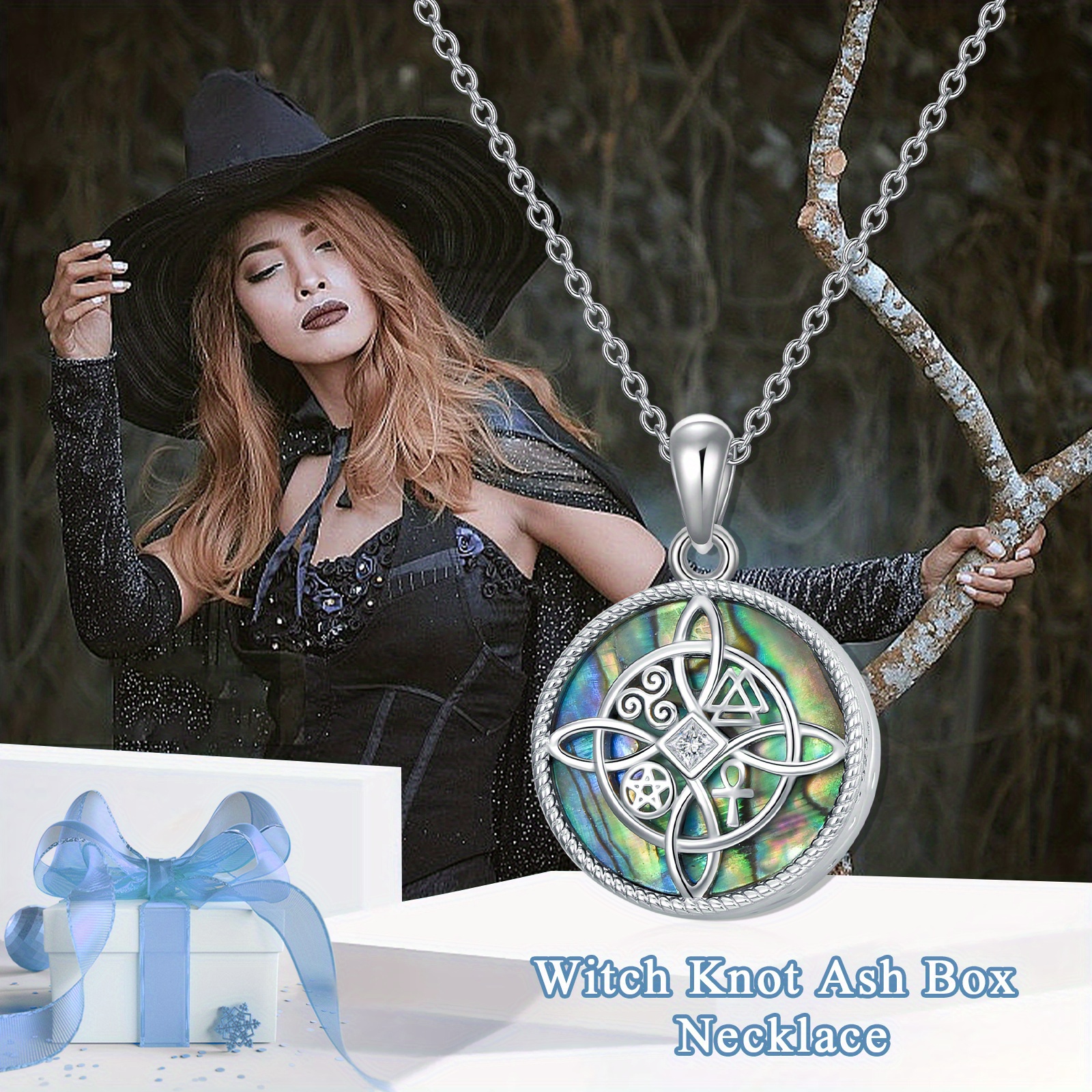925 Sterling Silver Witches Knot Urn Necklace with Abalone Shell